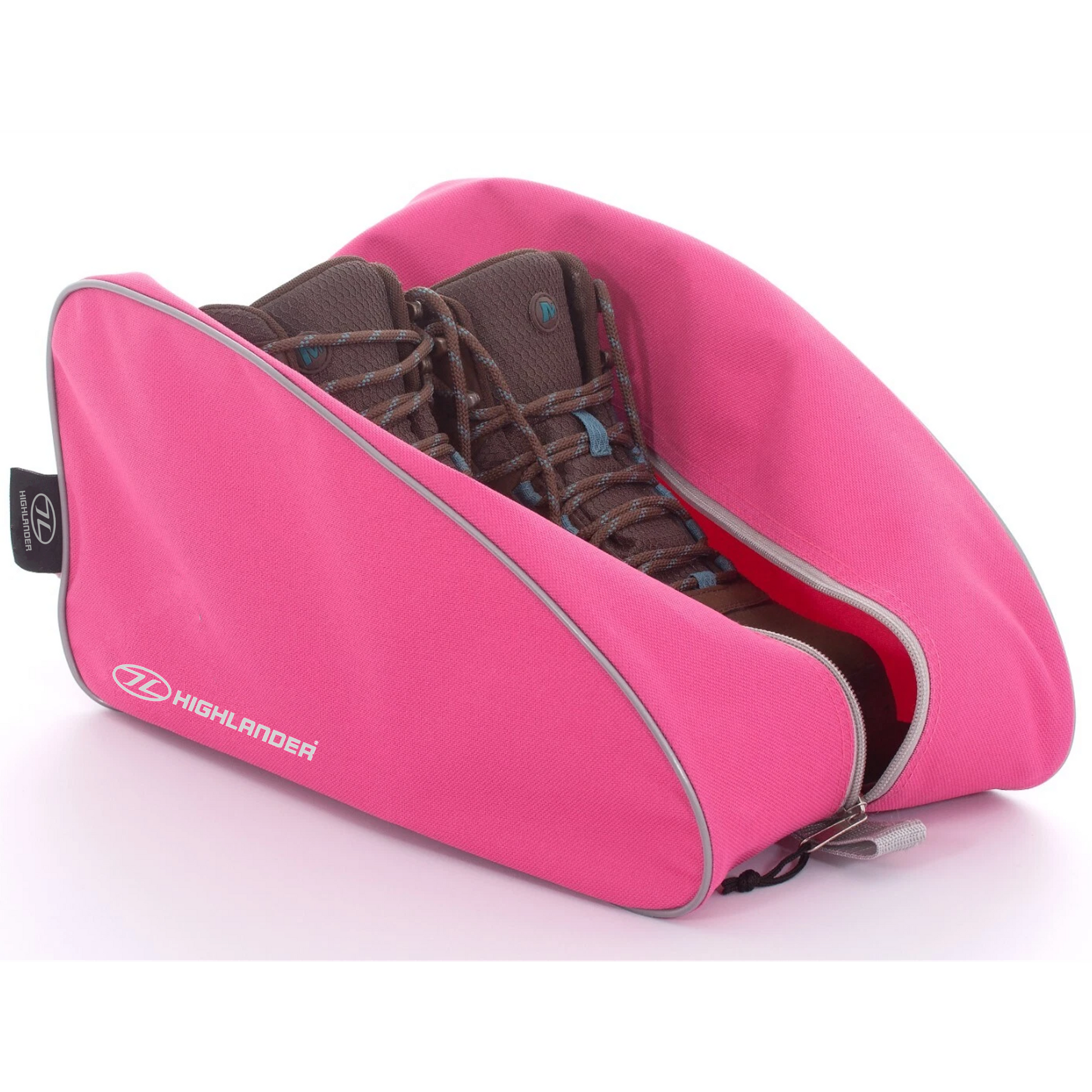 pink Highlander boot bag for travel shoe storage with zip opening