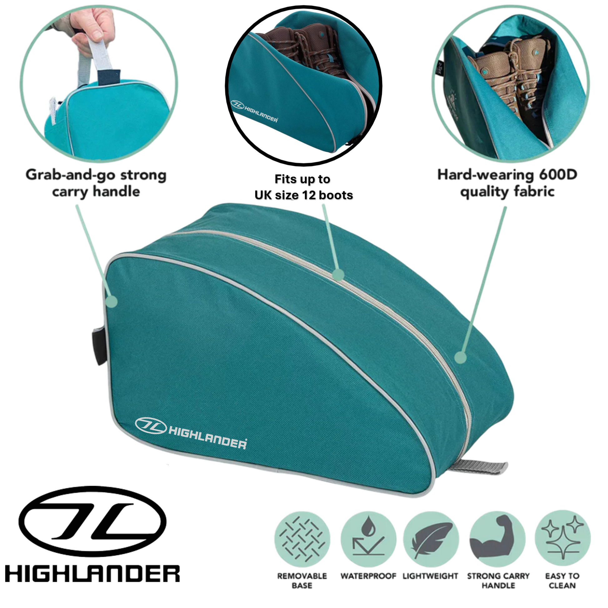 teal Highlander boot bag for travel shoe storage with zip opening