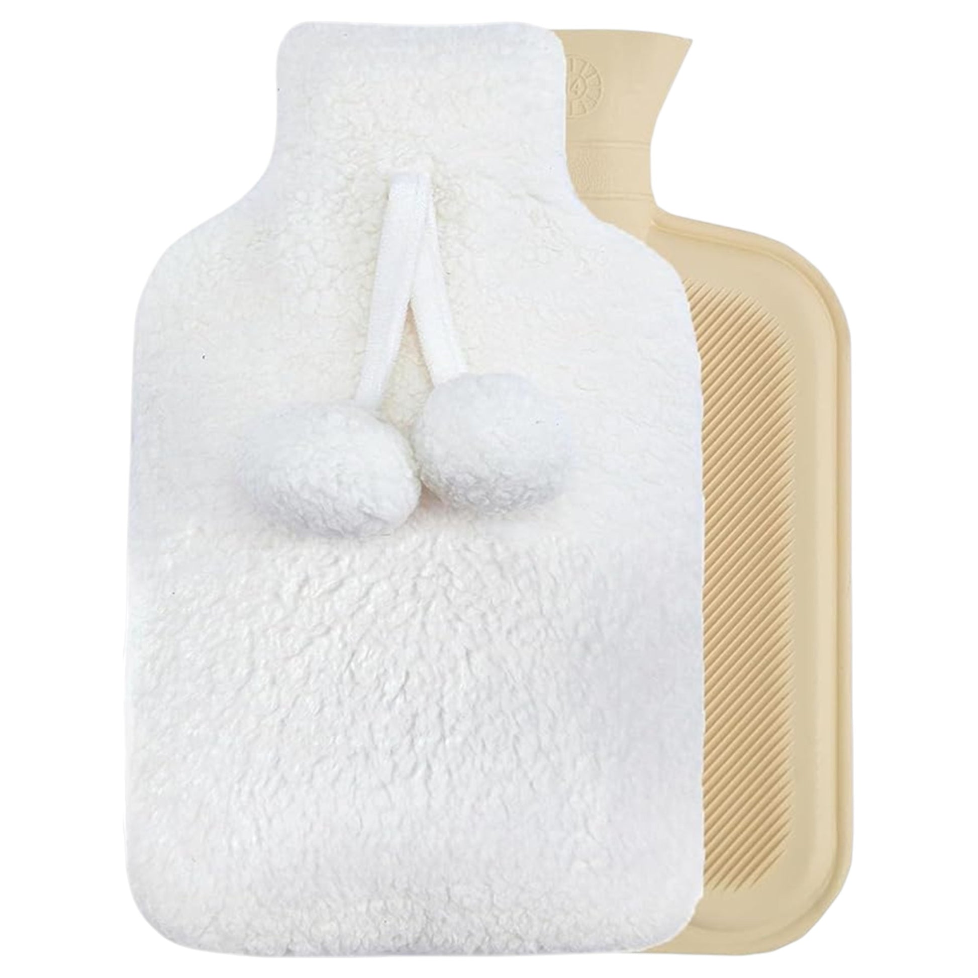 Elite Heat hot water bottle with removable plush cover, perfect for winter in cream white