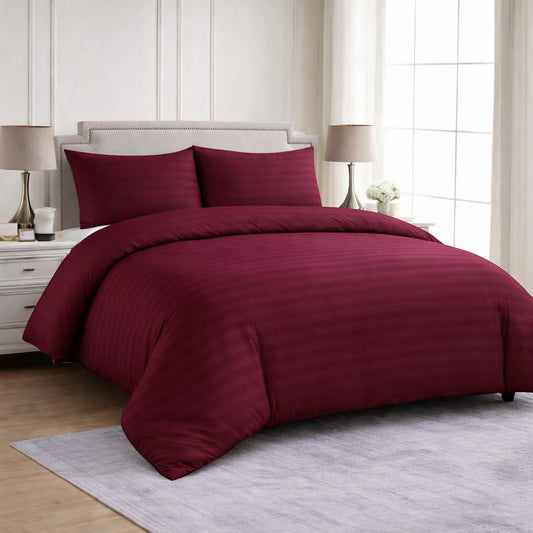Hotel Collection burgundy satin stripe microfibre duvet cover set with luxury hotel style design available in Single, Double, King or Super King Size