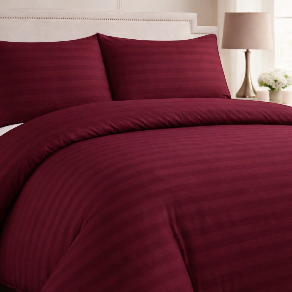 Hotel Collection burgundy satin stripe microfibre duvet cover set with luxury hotel style design available in Single, Double, King or Super King Size