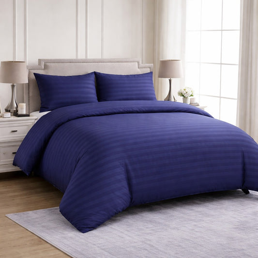 Hotel Collection navy satin stripe microfibre duvet cover set with luxury hotel style design available in Single, Double, King or Super King Size