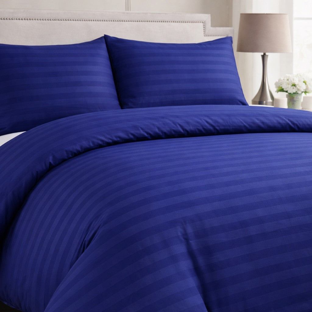 Hotel Collection navy satin stripe microfibre duvet cover set with luxury hotel style design available in Single, Double, King or Super King Size