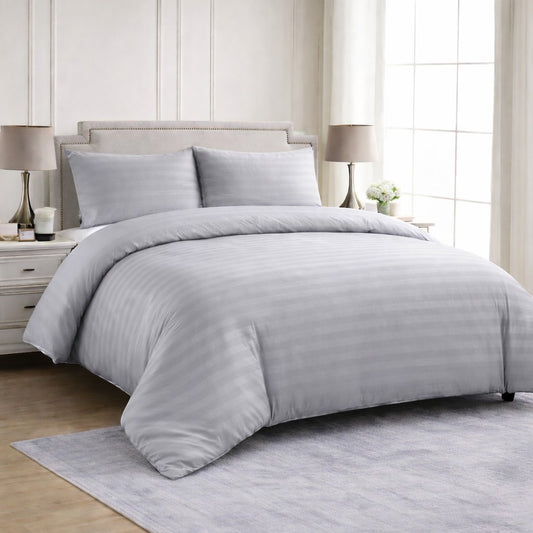 Hotel Collection silver satin stripe microfibre duvet cover set with luxury hotel style design available in Single, Double, King or Super King Size