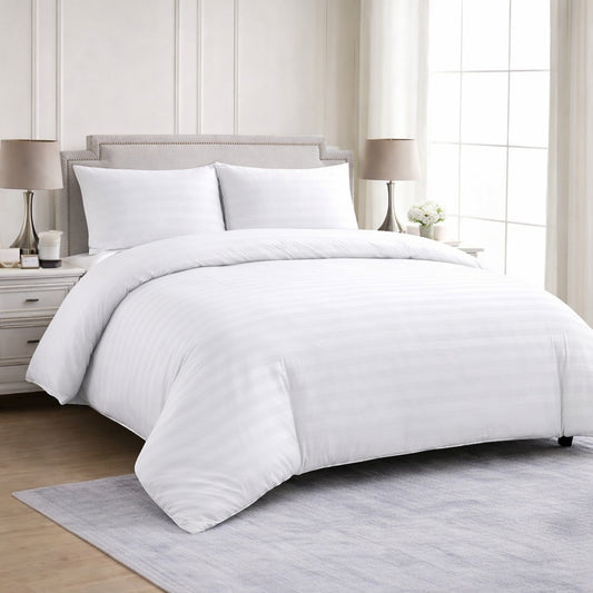 Hotel Collection white satin stripe microfibre duvet cover set with luxury hotel style design available in Single, Double, King or Super King Size