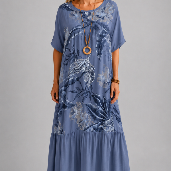 Italian-Inspired Tropical Print Maxi Dress – (Mid Blue)