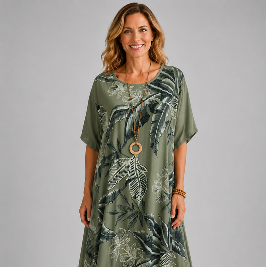 Woman modelling a navy blue Italian maxi dress with tonal tropical leaf print, round neckline, short sleeves, tiered hem and relaxed oversized fit on a light grey studio background.