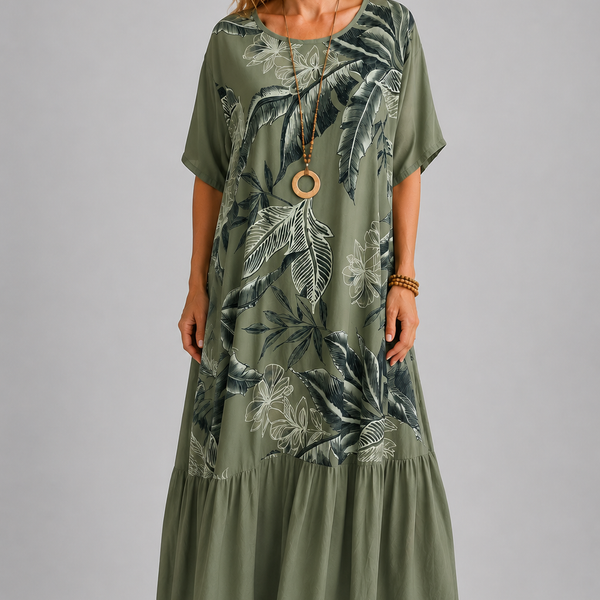 Italian-Inspired Tropical Print Maxi Dress – (Green)