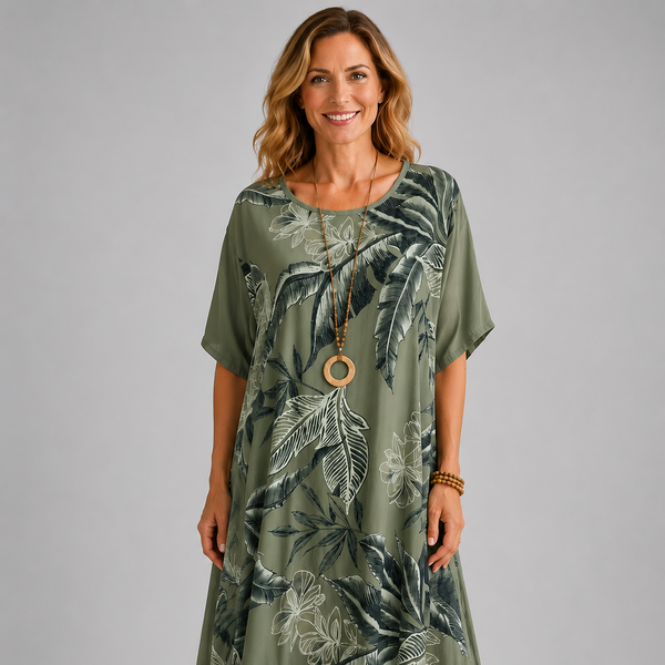 Italian-Inspired Tropical Print Maxi Dress – (Green)