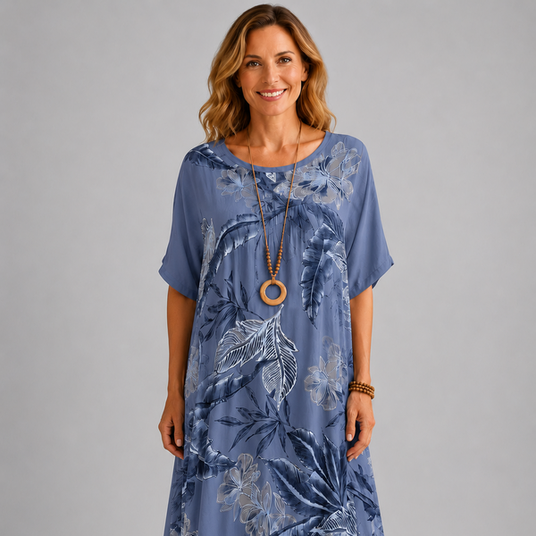 Italian-Inspired Tropical Print Maxi Dress – (Mid Blue)