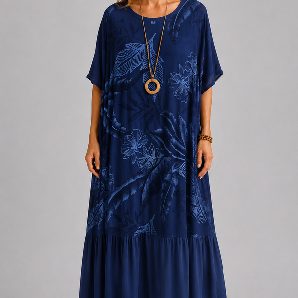Italian-Inspired Tropical Print Maxi Dress – (Navy)