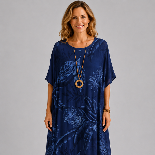 Italian-Inspired Tropical Print Maxi Dress – (Navy)