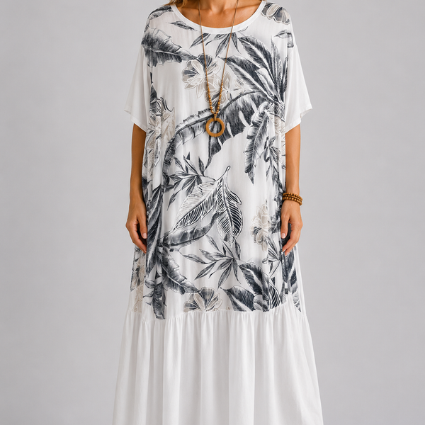 Italian-Inspired Tropical Print Maxi Dress – (White)