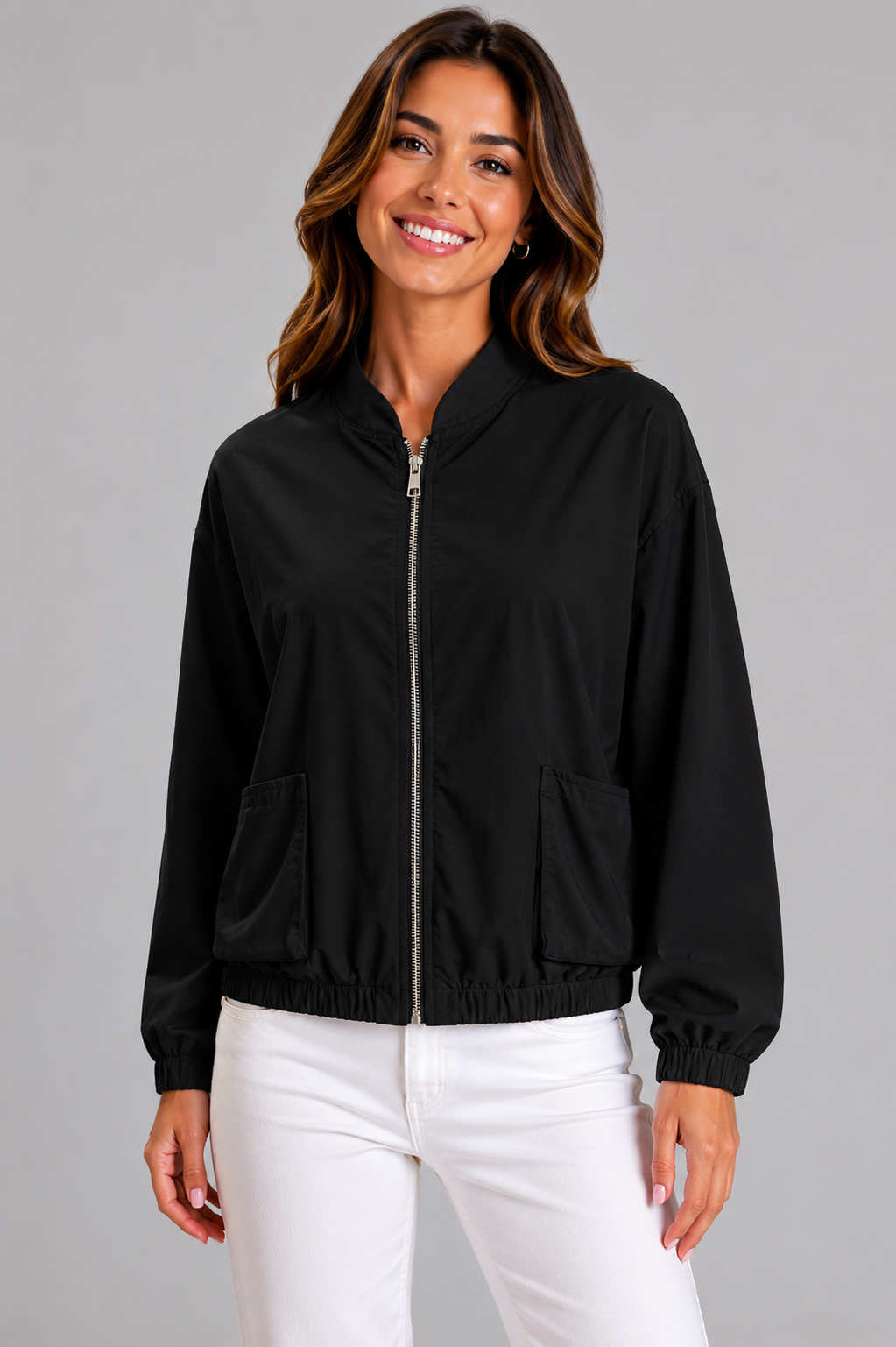 Italian Lightweight Zip Jacket for Women with Oversized Pockets and Zip Front