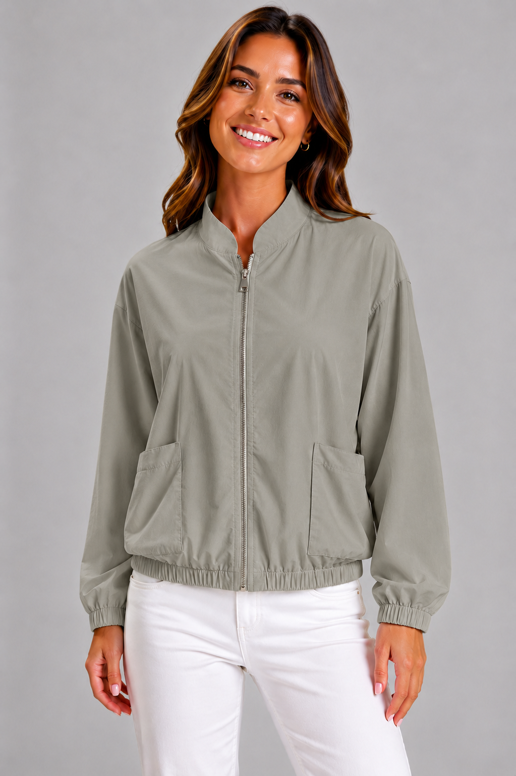 Italian Lightweight Zip Jacket for Women with Oversized Pockets and Zip Front