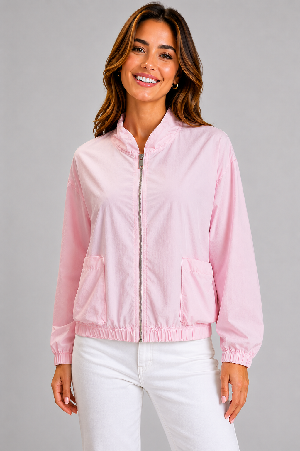 Italian Lightweight Zip Jacket for Women with Oversized Pockets and Zip Front