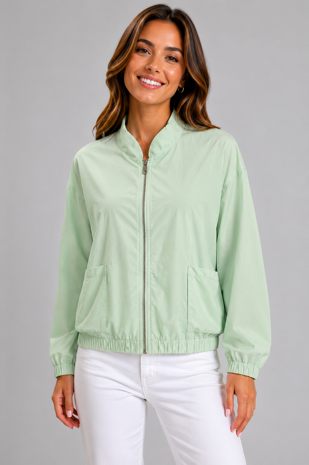 Italian Lightweight Zip Jacket for Women with Oversized Pockets and Zip Front