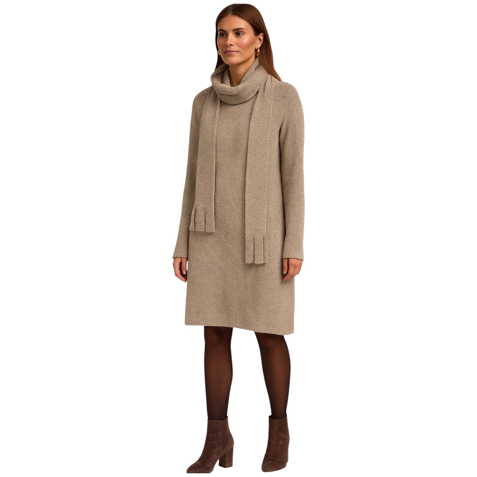 Italian-made knitted long dress top in beige with matching scarf