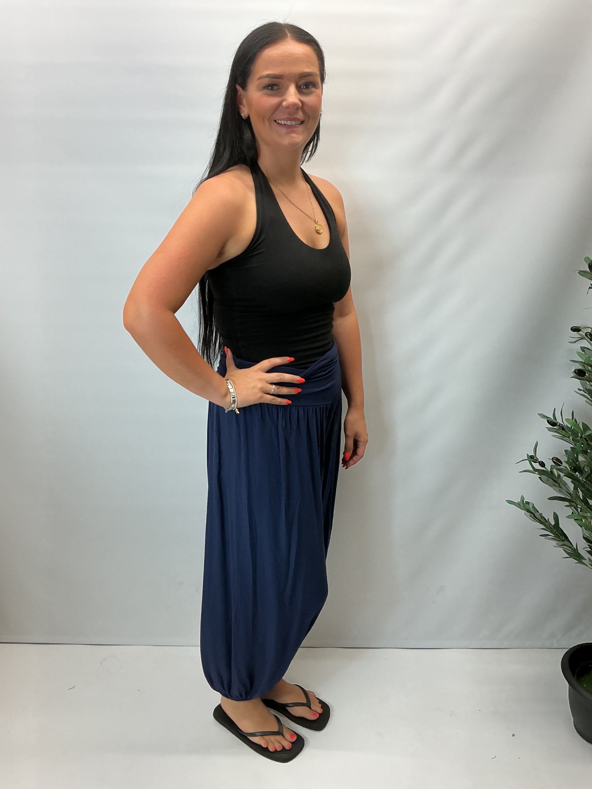 Made in Italy soft touch harem trousers with elastic waist and cuffed ankles, relaxed fit lightweight ladies casual trousers available in multiple colours.