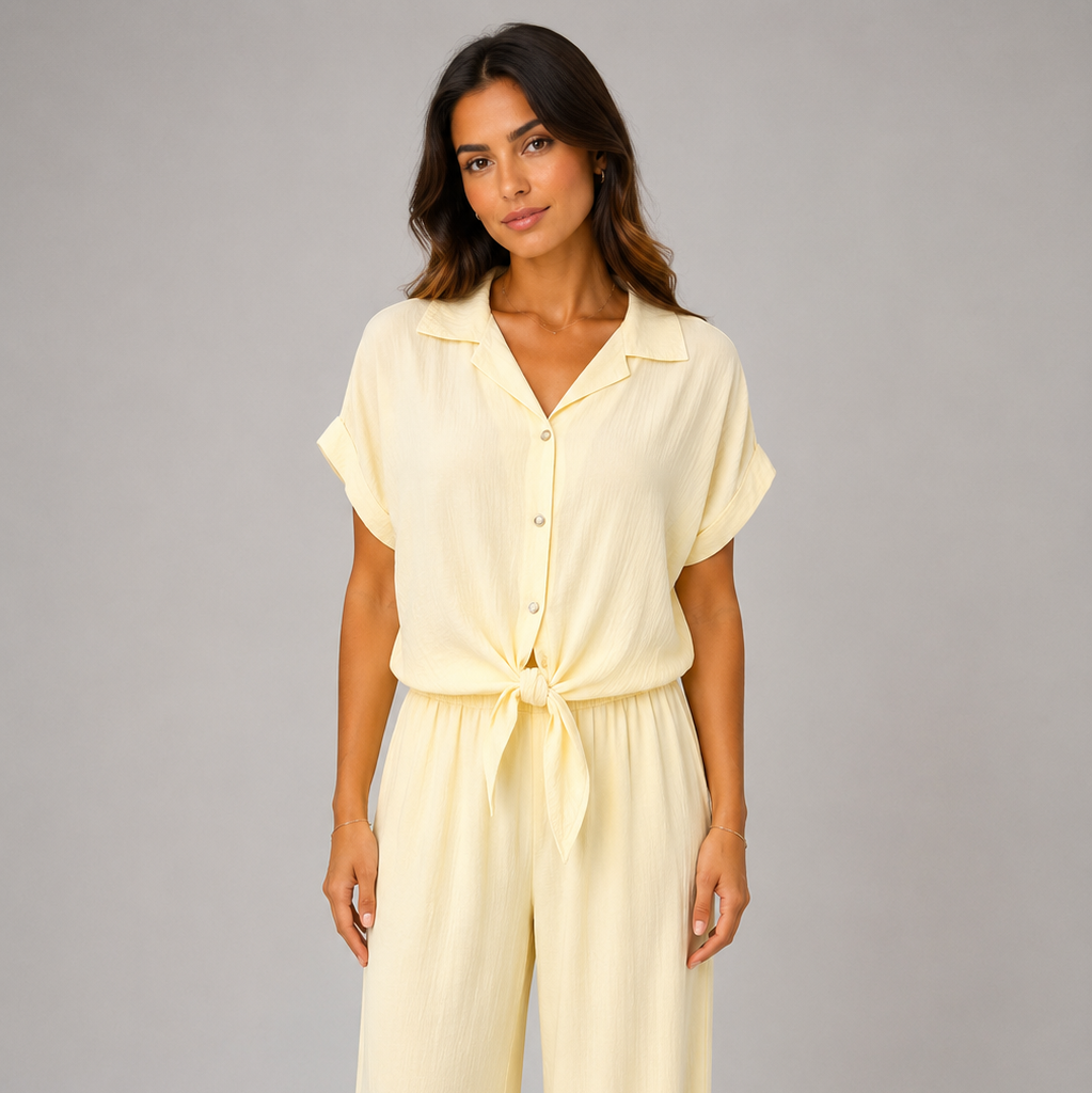 Woman modelling a Made in Italy two-piece lounge set in a soft textured fabric. The outfit features a relaxed short-sleeve collared shirt with button-front detail and a tie-front hem, paired with wide-leg elasticated waist trousers. Shown in multiple colours against a light grey studio background.