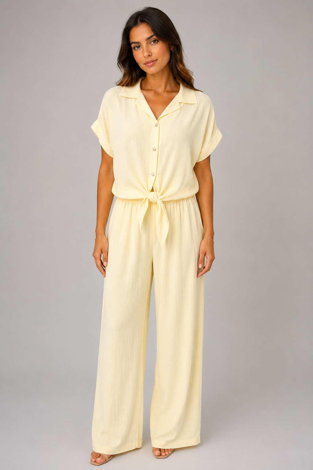 Woman modelling a Made in Italy two-piece lounge set in a soft textured fabric. The outfit features a relaxed short-sleeve collared shirt with button-front detail and a tie-front hem, paired with wide-leg elasticated waist trousers. Shown in multiple colours against a light grey studio background.