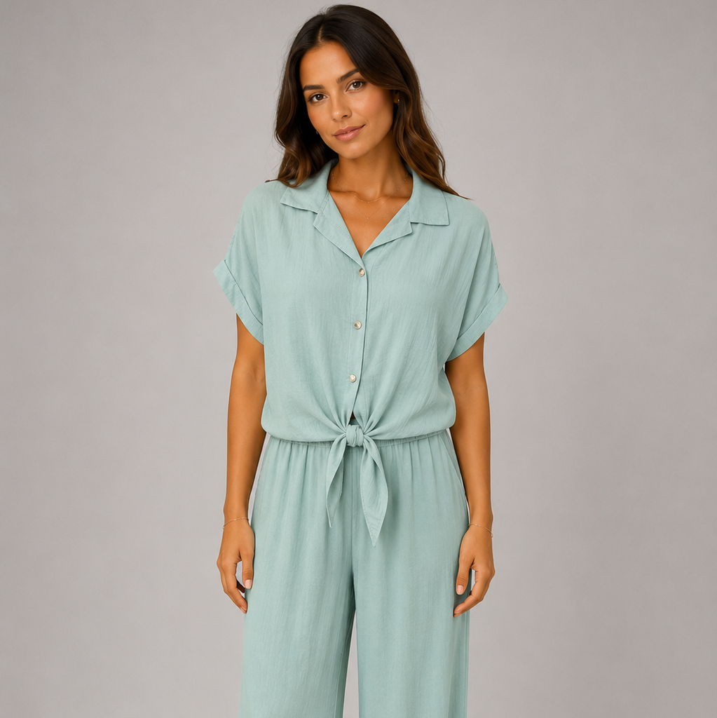 Woman modelling a Made in Italy two-piece lounge set in a soft textured fabric. The outfit features a relaxed short-sleeve collared shirt with button-front detail and a tie-front hem, paired with wide-leg elasticated waist trousers. Shown in multiple colours against a light grey studio background.