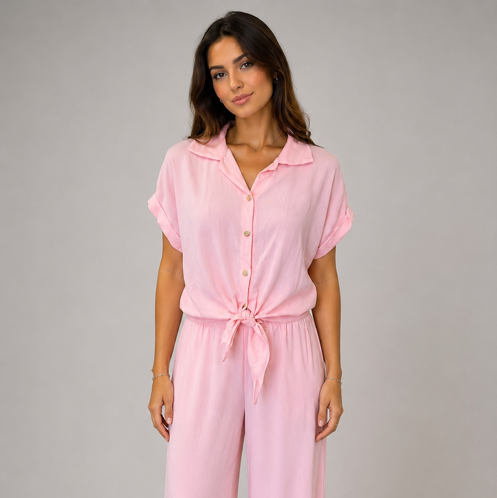 Woman modelling a Made in Italy two-piece lounge set in a soft textured fabric. The outfit features a relaxed short-sleeve collared shirt with button-front detail and a tie-front hem, paired with wide-leg elasticated waist trousers. Shown in multiple colours against a light grey studio background.