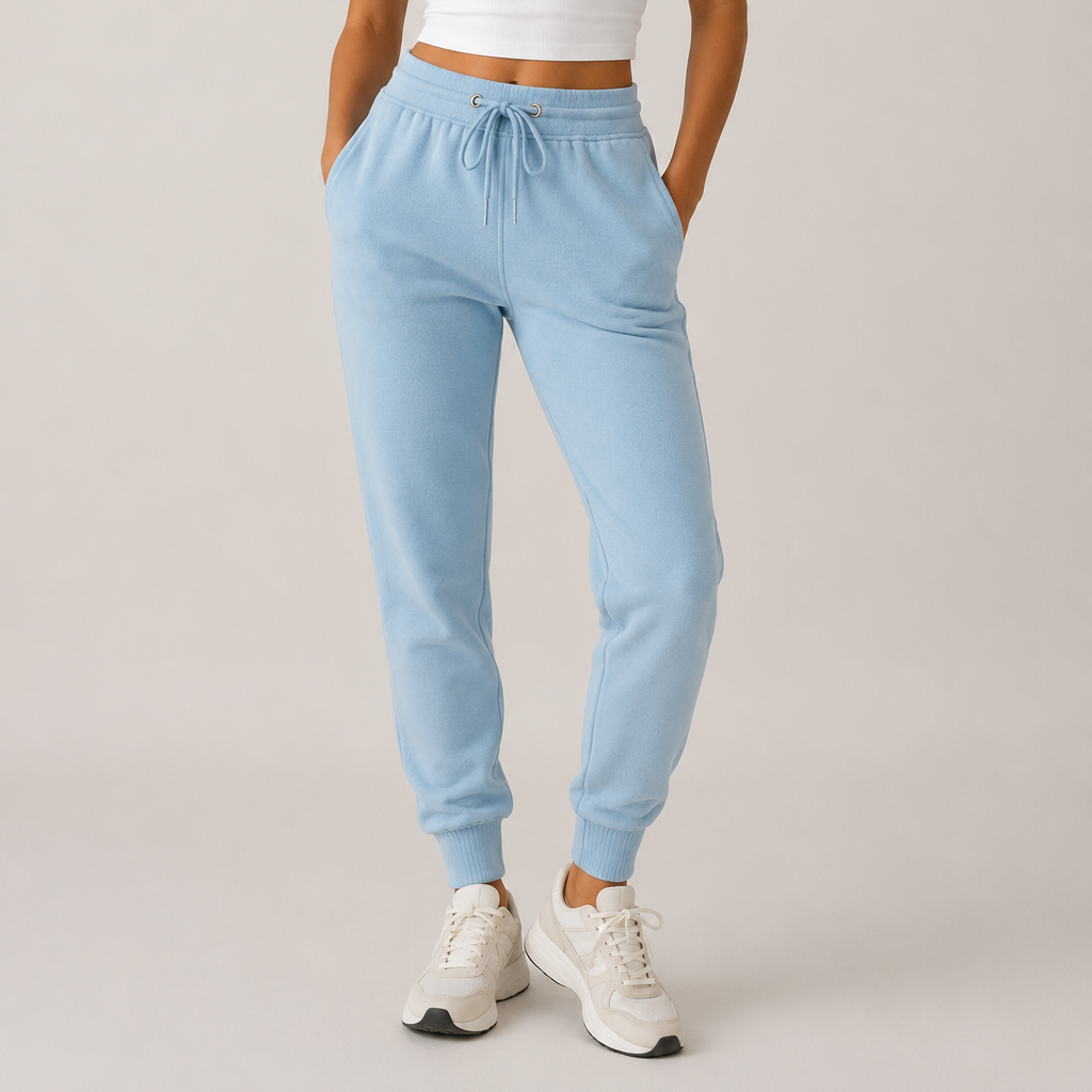 Women’s baby blue high-waisted joggers with drawstring waist and cuffed ankles – soft loungewear trousers