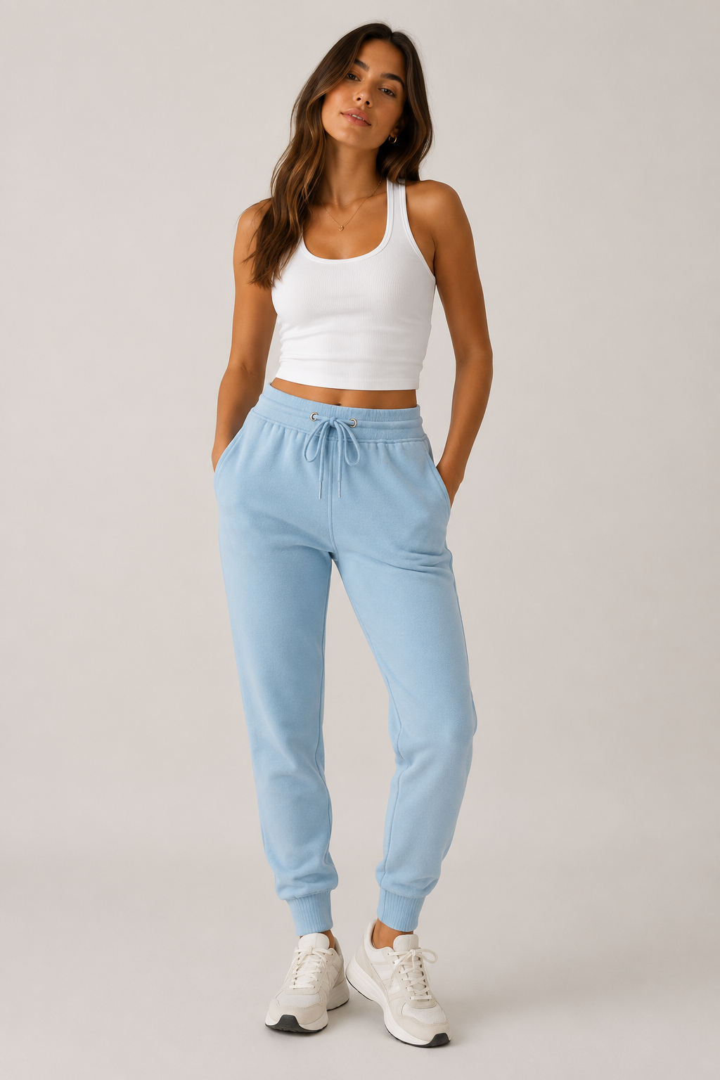 Women’s baby blue high-waisted joggers with drawstring waist and cuffed ankles – soft loungewear trousers