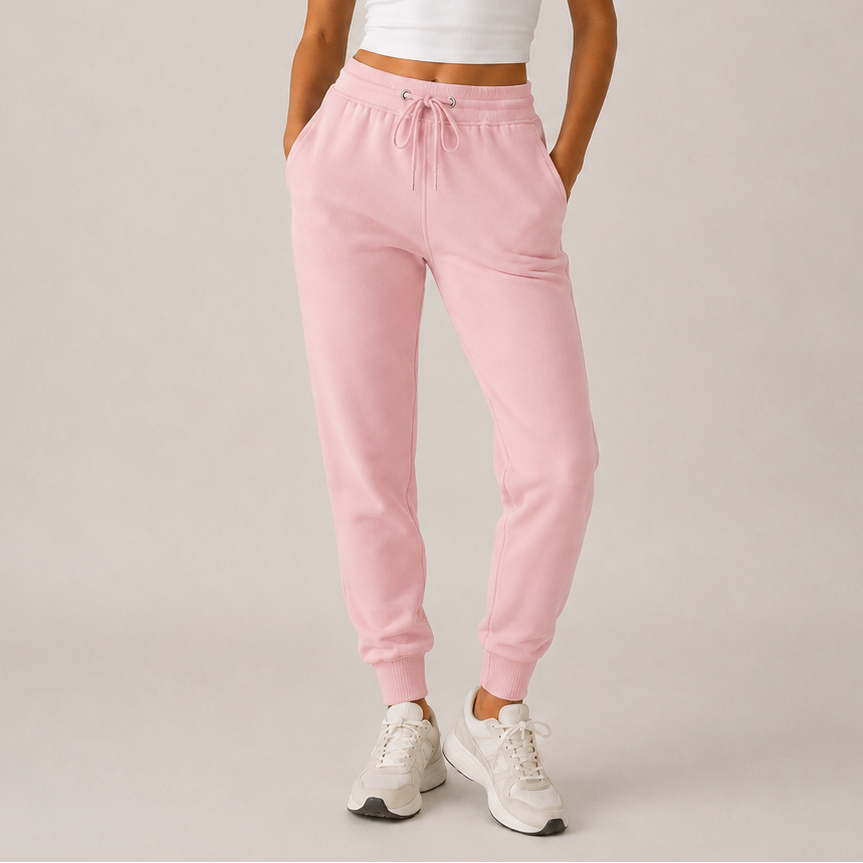 Women’s pink high-waisted joggers with drawstring waist and cuffed ankles – soft loungewear trousers
