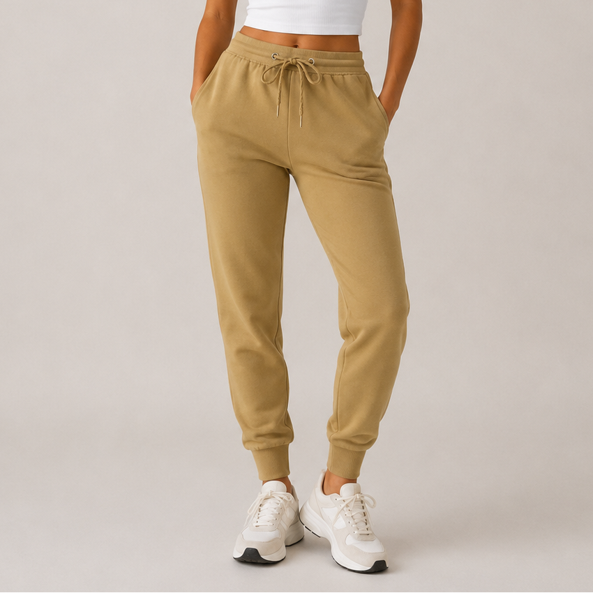 Women’s beige high-waisted joggers with drawstring waist and cuffed ankles – soft loungewear trousers