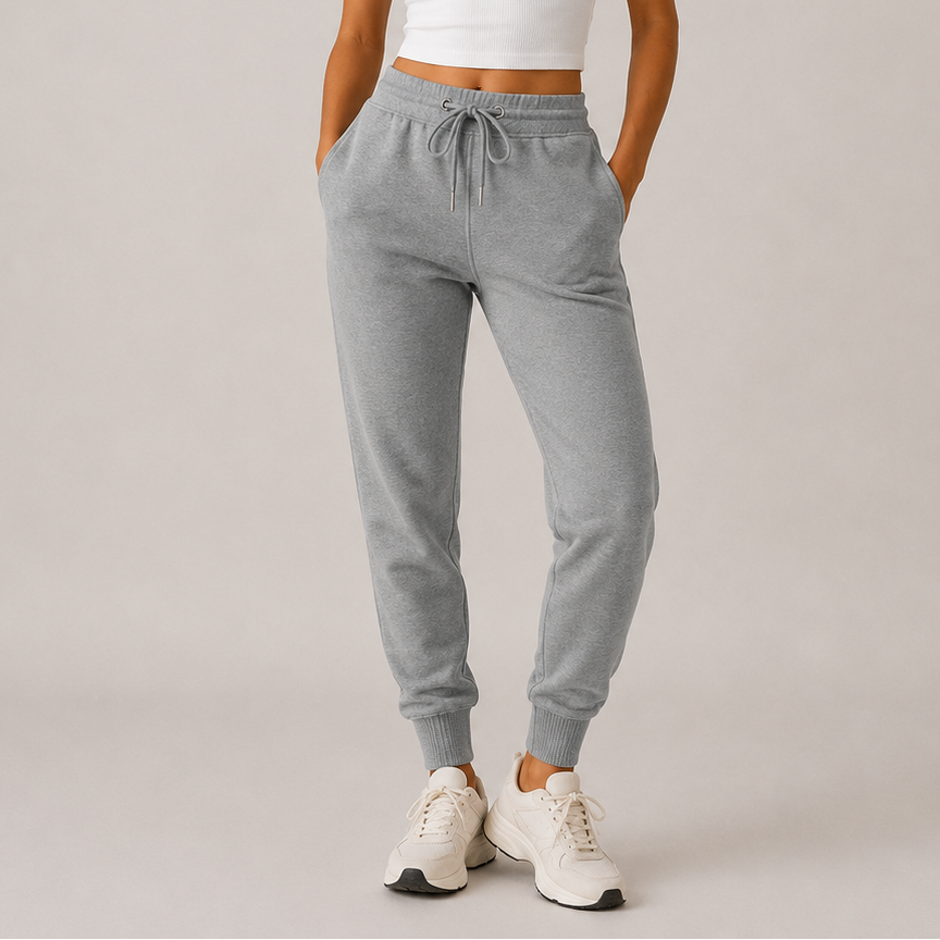 Women’s grey high-waisted joggers with drawstring waist and cuffed ankles – soft loungewear trousers