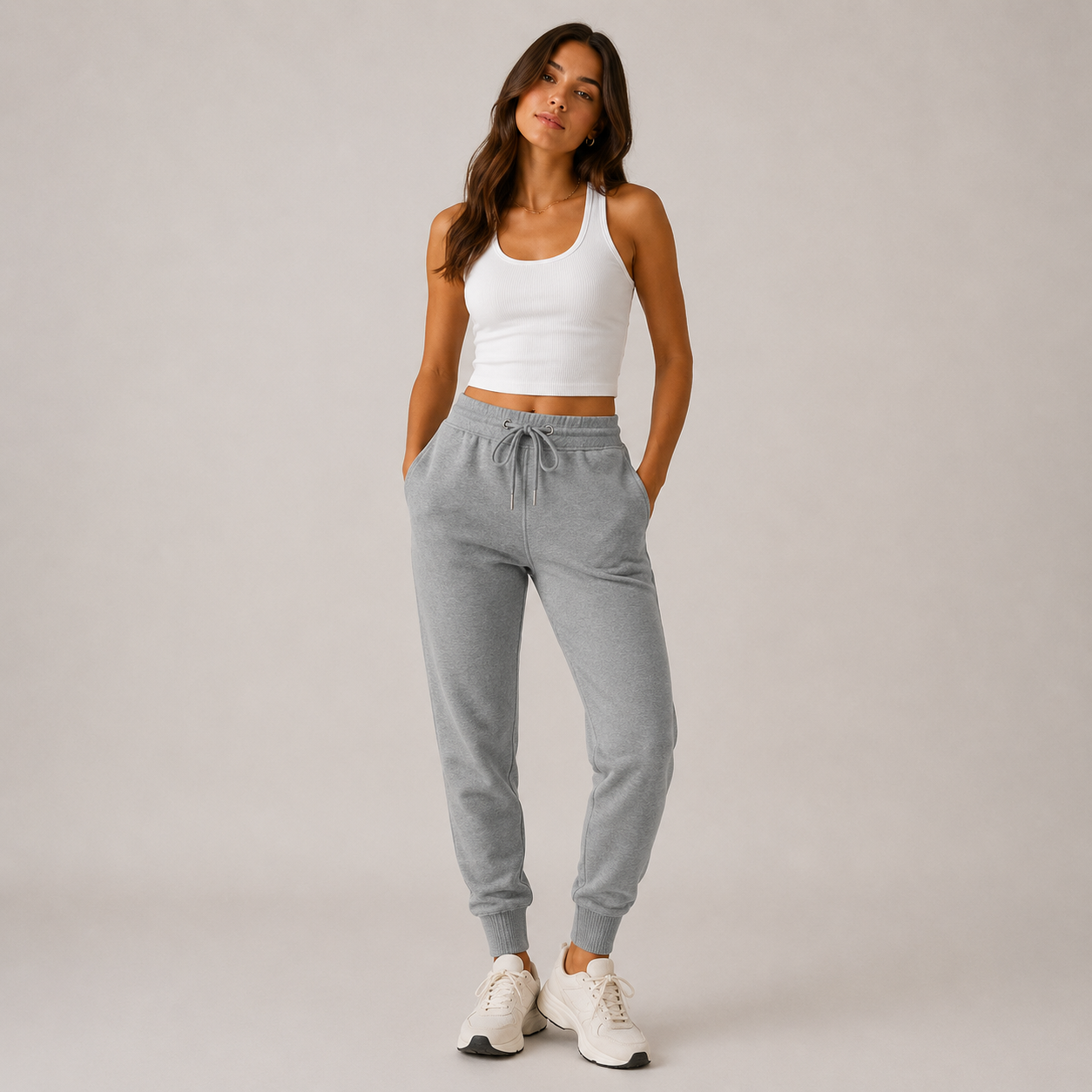 Women’s grey high-waisted joggers with drawstring waist and cuffed ankles – soft loungewear trousers