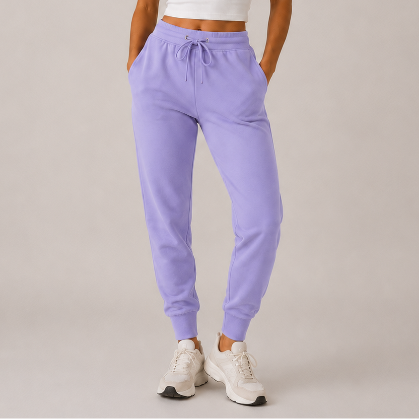 Women’s lilac high-waisted joggers with drawstring waist and cuffed ankles – soft loungewear trousers