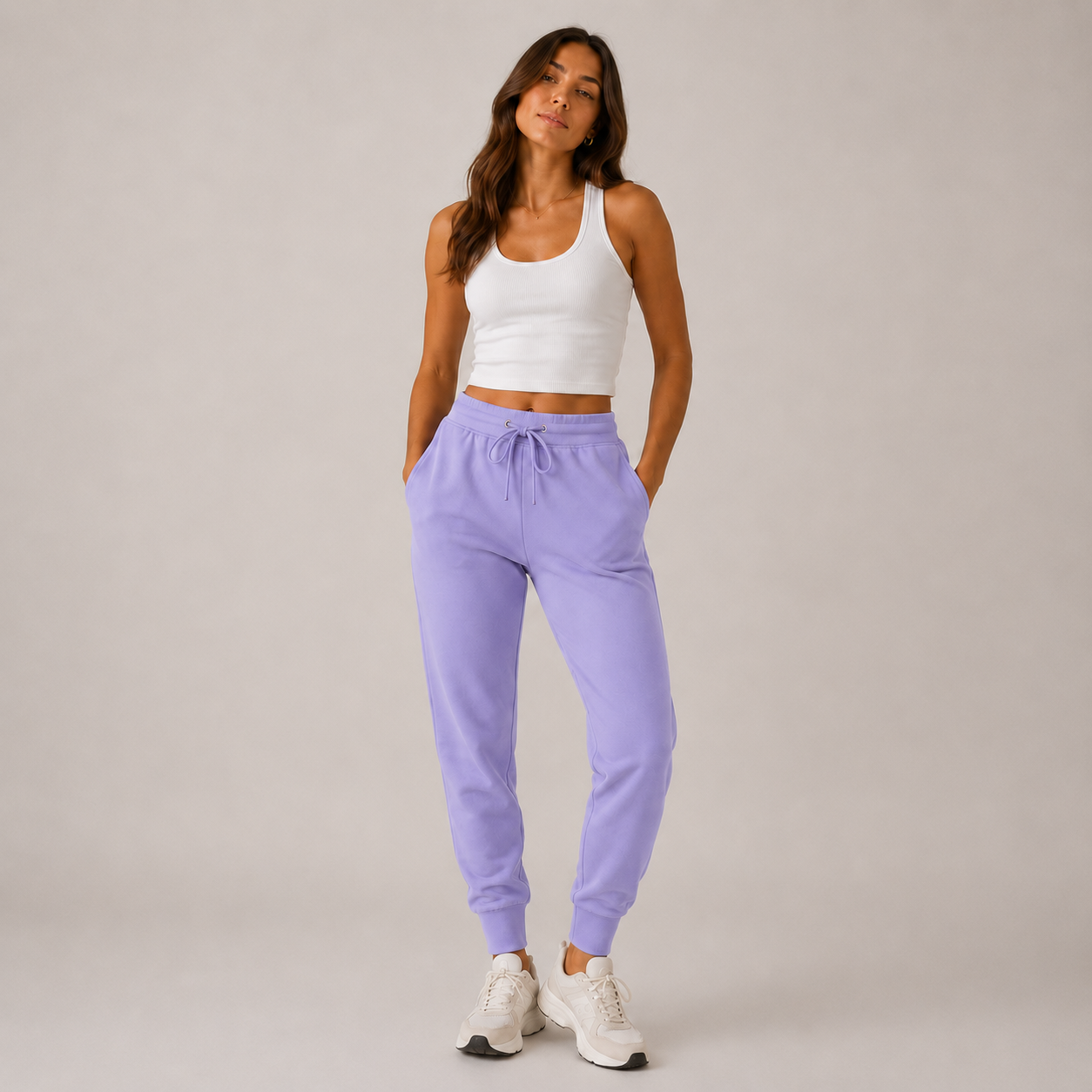 Women’s lilac high-waisted joggers with drawstring waist and cuffed ankles – soft loungewear trousers