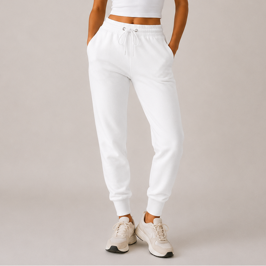 Women’s white high-waisted joggers with drawstring waist and cuffed ankles – soft loungewear trousers