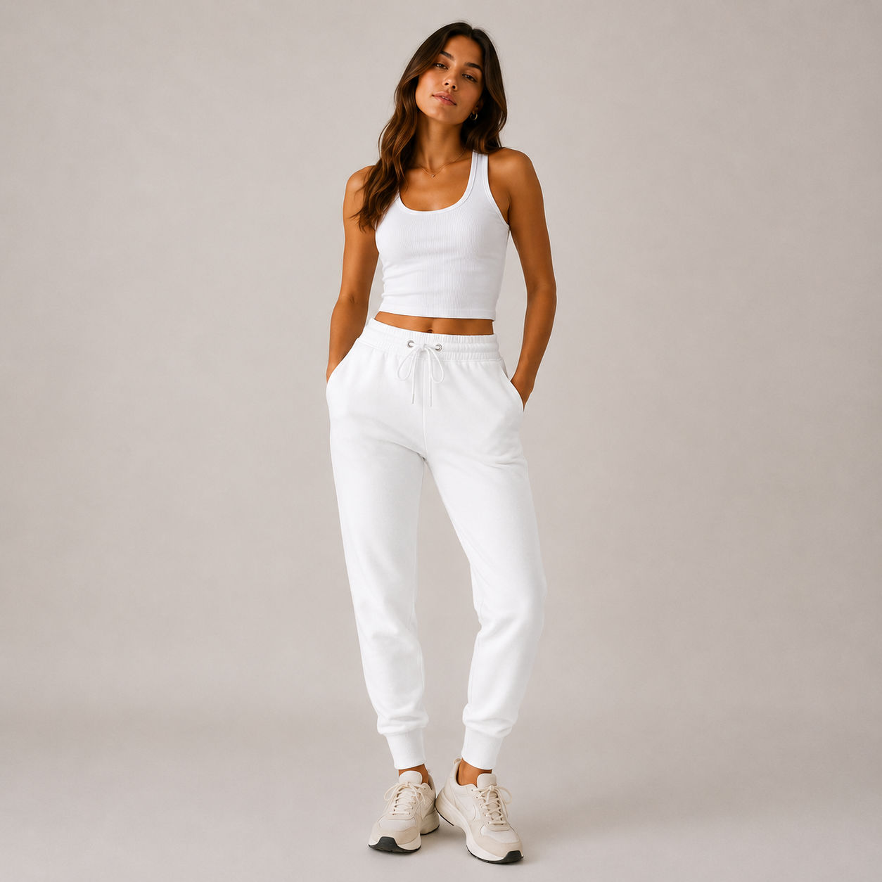 Women’s white high-waisted joggers with drawstring waist and cuffed ankles – soft loungewear trousers