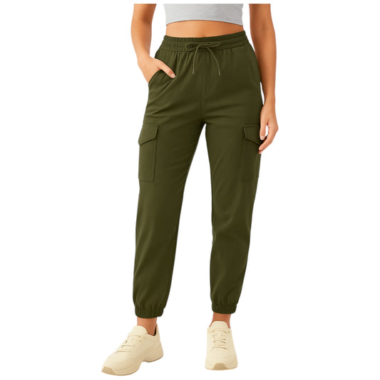 Ladies high quality stretch cargo trousers in khaki green with elastic waistband, drawstring tie, and side pockets