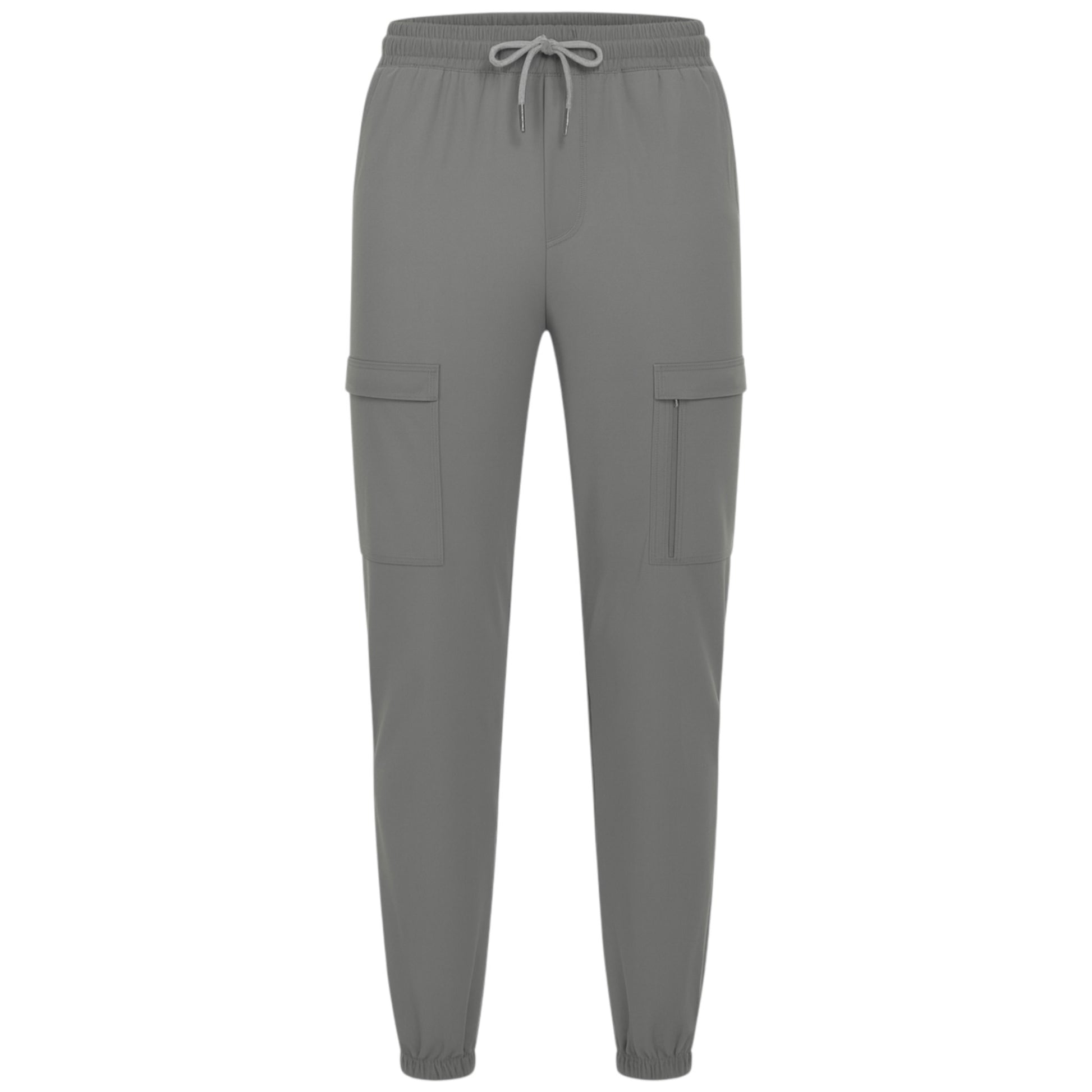 Men's slim fit grey cargo trousers with side zip pocket, cuffed ankles, and elastic waistband