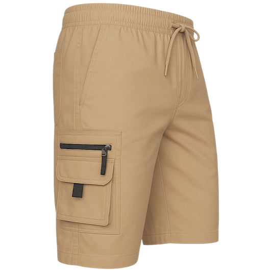 Men's Beige JDN cargo shorts with drawstring waist, side pockets, and zip cargo pockets – lightweight, durable, and ideal for casual or outdoor wear