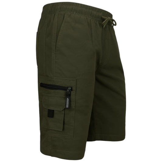 Men's Khaki Green JDN cargo shorts with drawstring waist, side pockets, and zip cargo pockets – lightweight, durable, and ideal for casual or outdoor wear