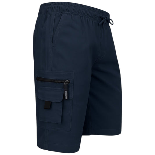 Men's Navy JDN cargo shorts with drawstring waist, side pockets, and zip cargo pockets – lightweight, durable, and ideal for casual or outdoor wear