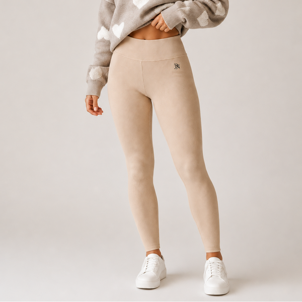 Ladies JDN Winter Warm Fleece Lined Ribbed Leggings (Beige)