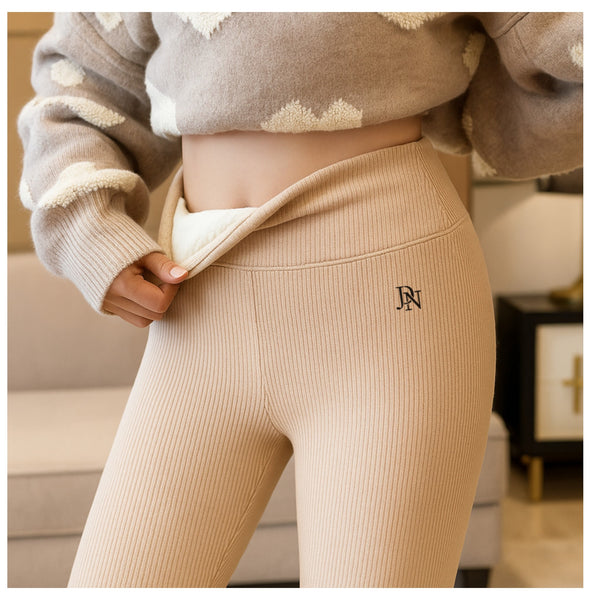 Ladies JDN Winter Warm Fleece Lined Ribbed Leggings (Beige)