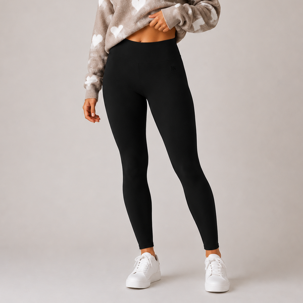 Ladies JDN Winter Warm Fleece Lined Ribbed Leggings (Black)
