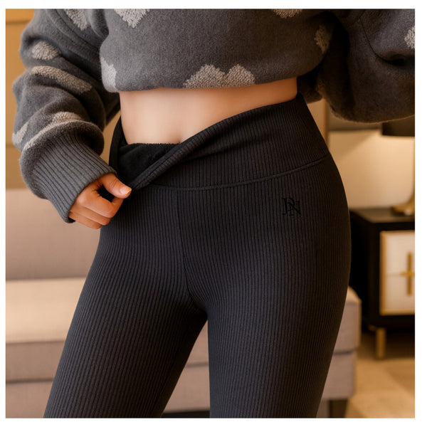Ladies JDN Winter Warm Fleece Lined Ribbed Leggings (Black)