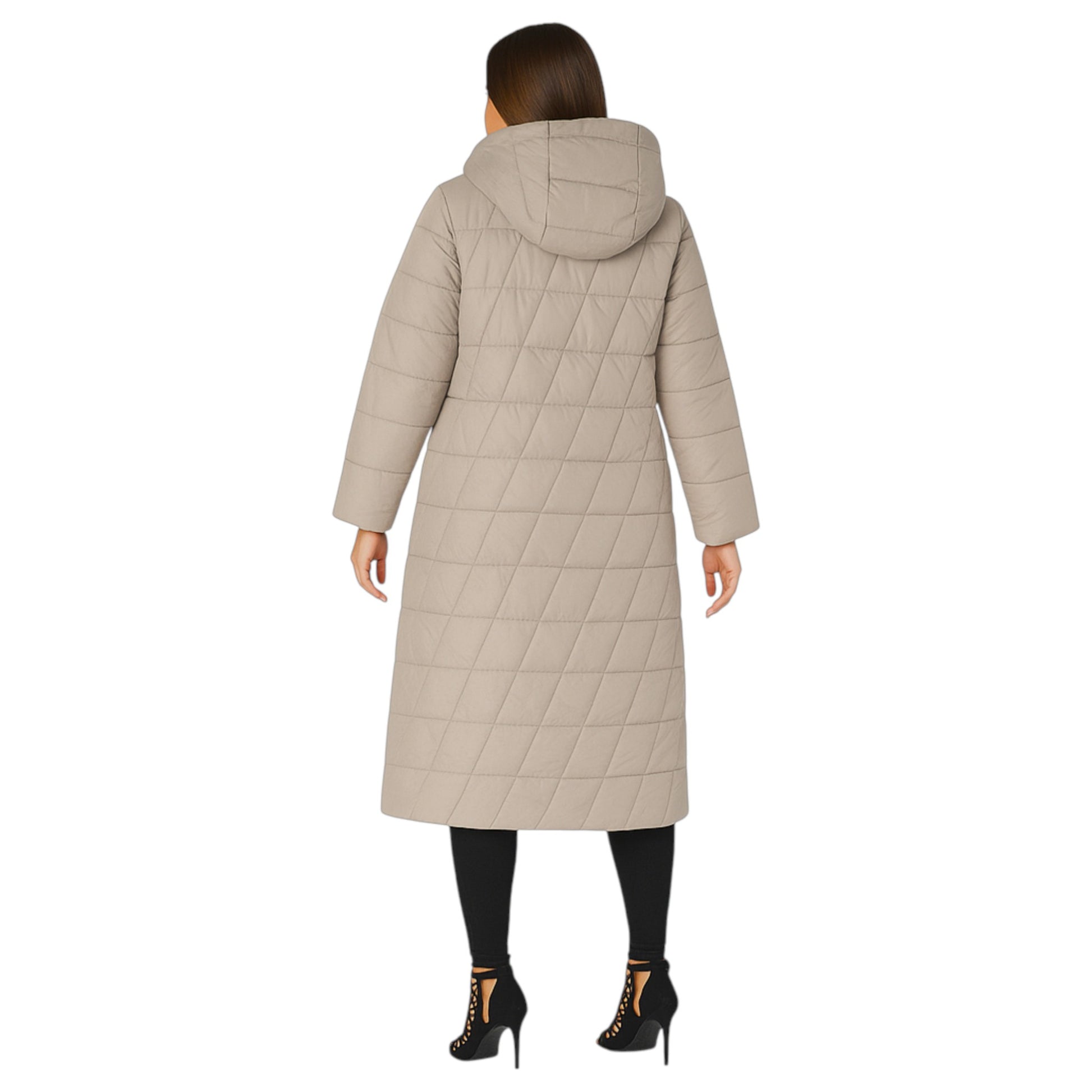 Ladies longline puffer coat in beige with hood and quilted design