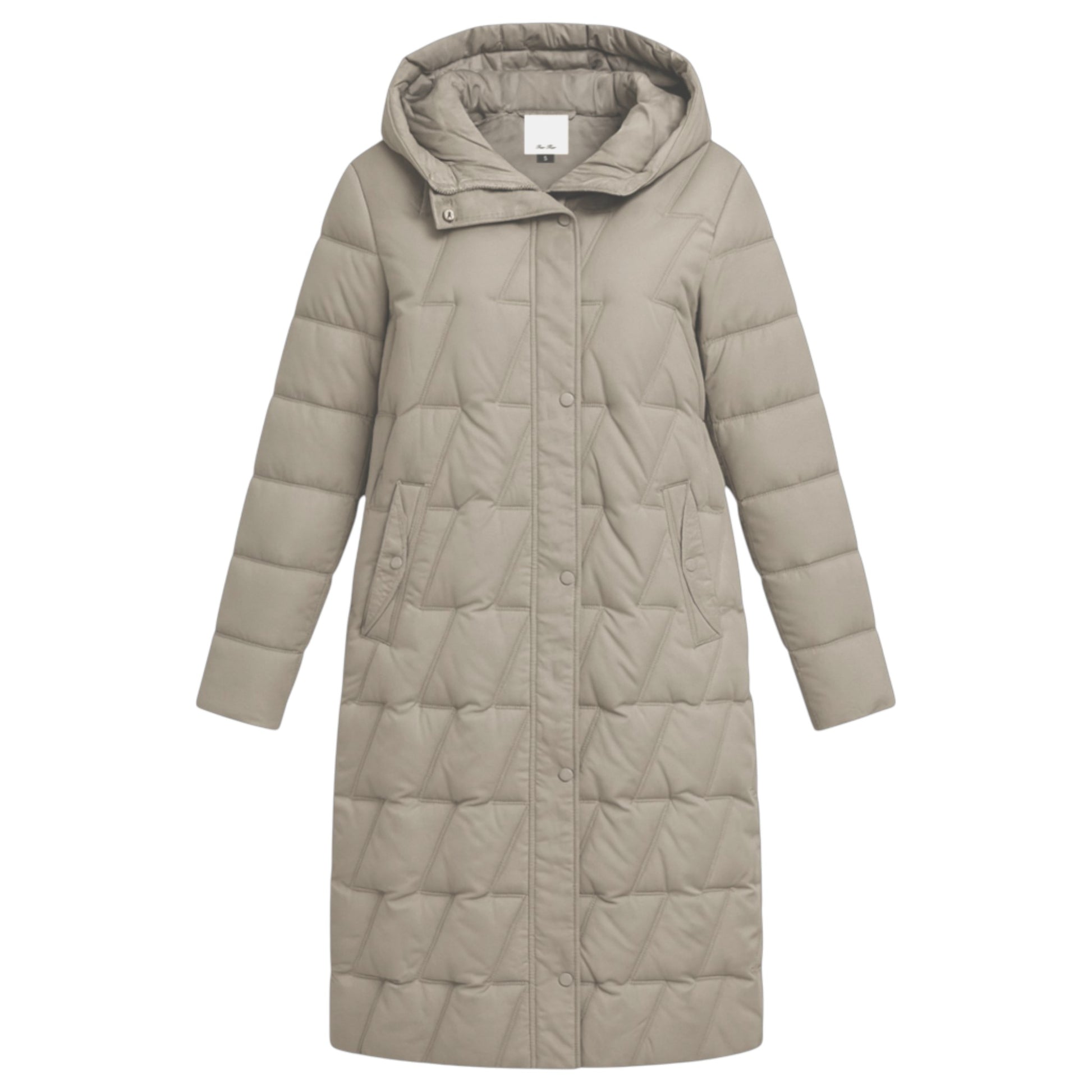 Ladies longline puffer coat in beige with hood and quilted design