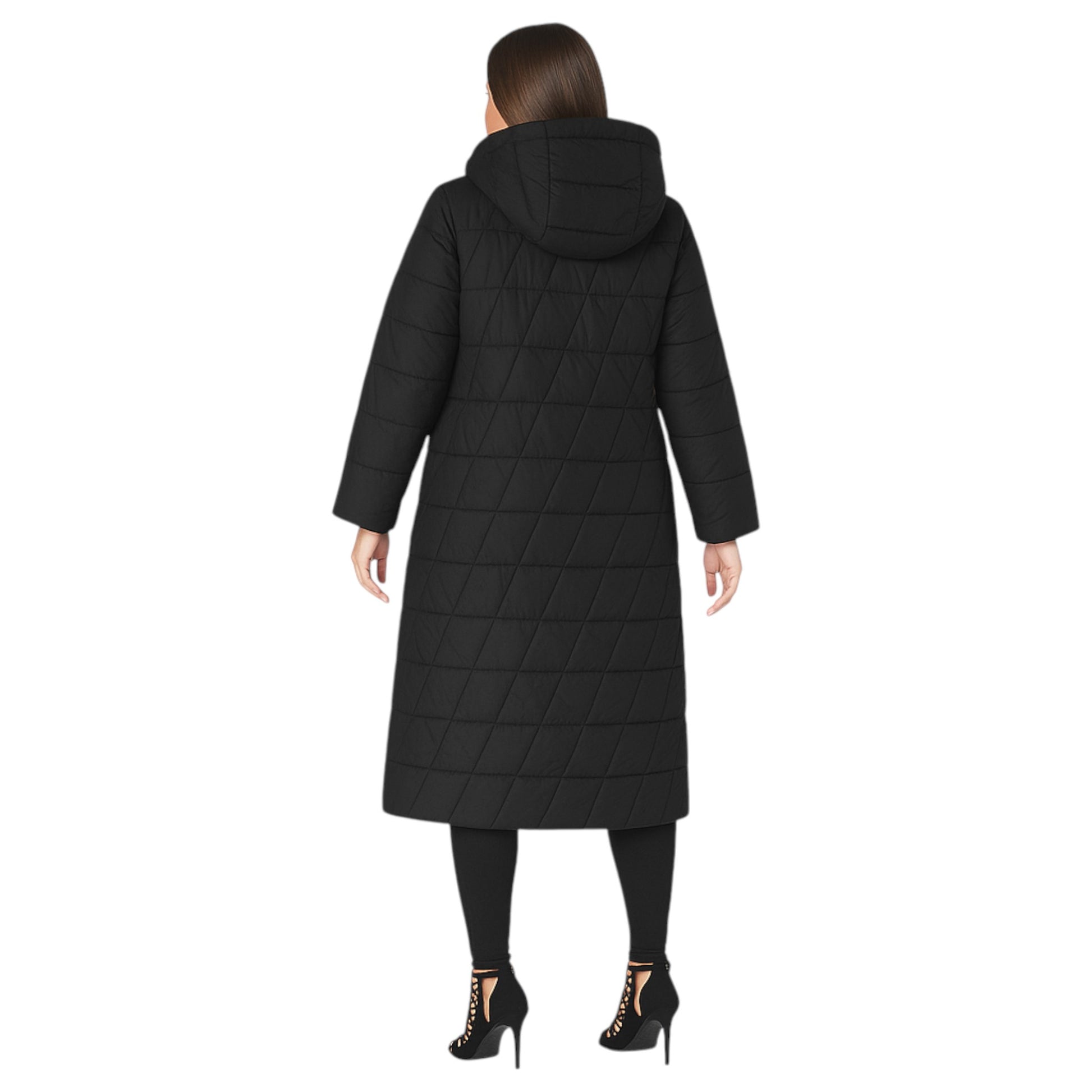 Ladies longline puffer coat in black with hood and quilted design