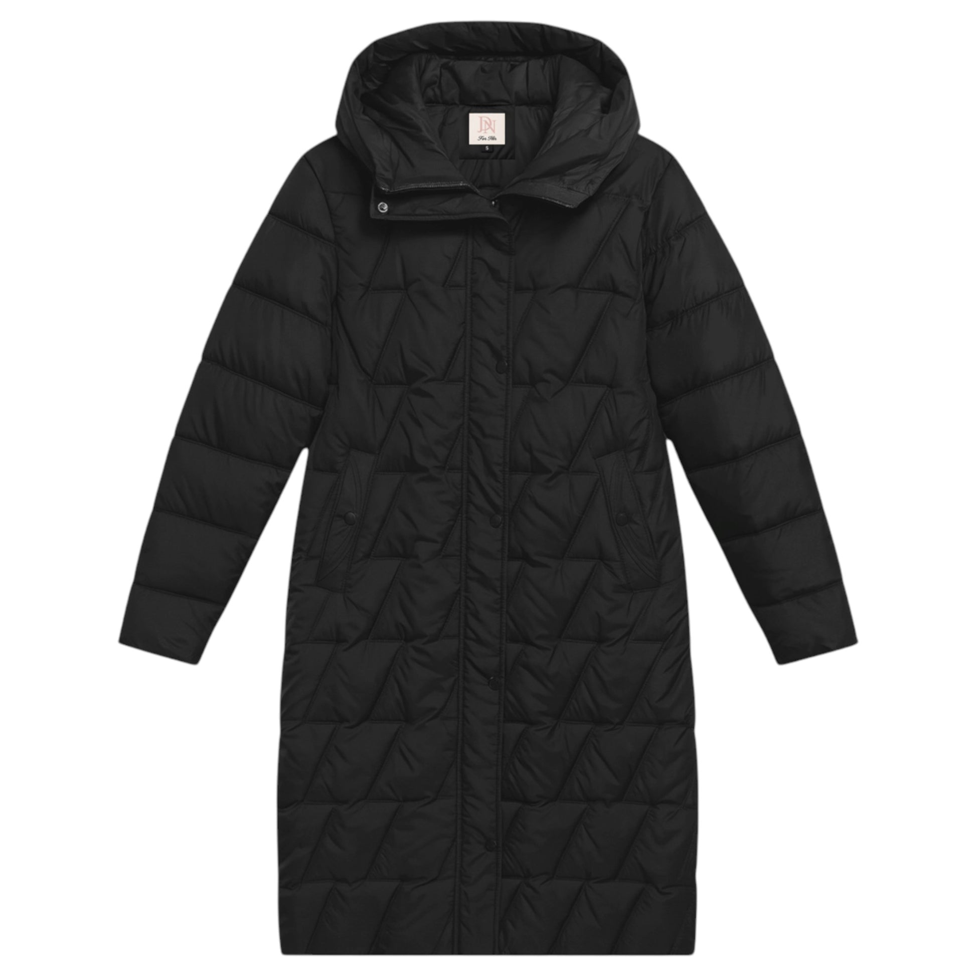 Ladies longline puffer coat in black with hood and quilted design